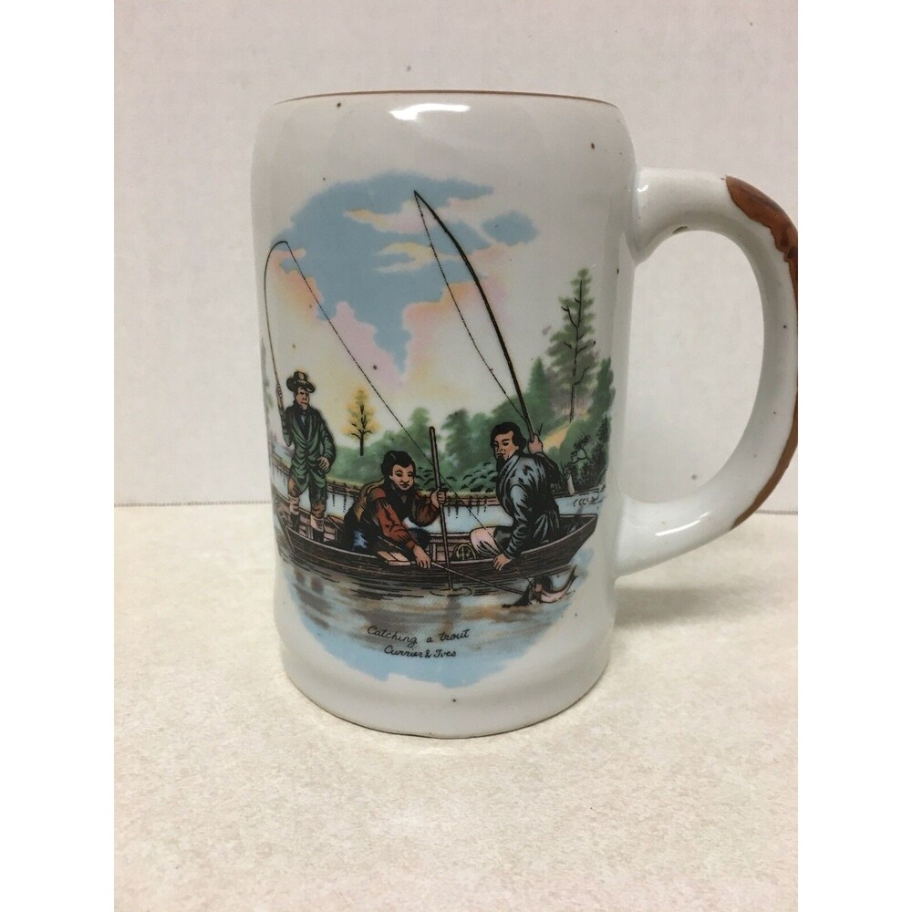 Vintage Currier Ives Collector Fishing Mug Catching A Trout  Beer Mug